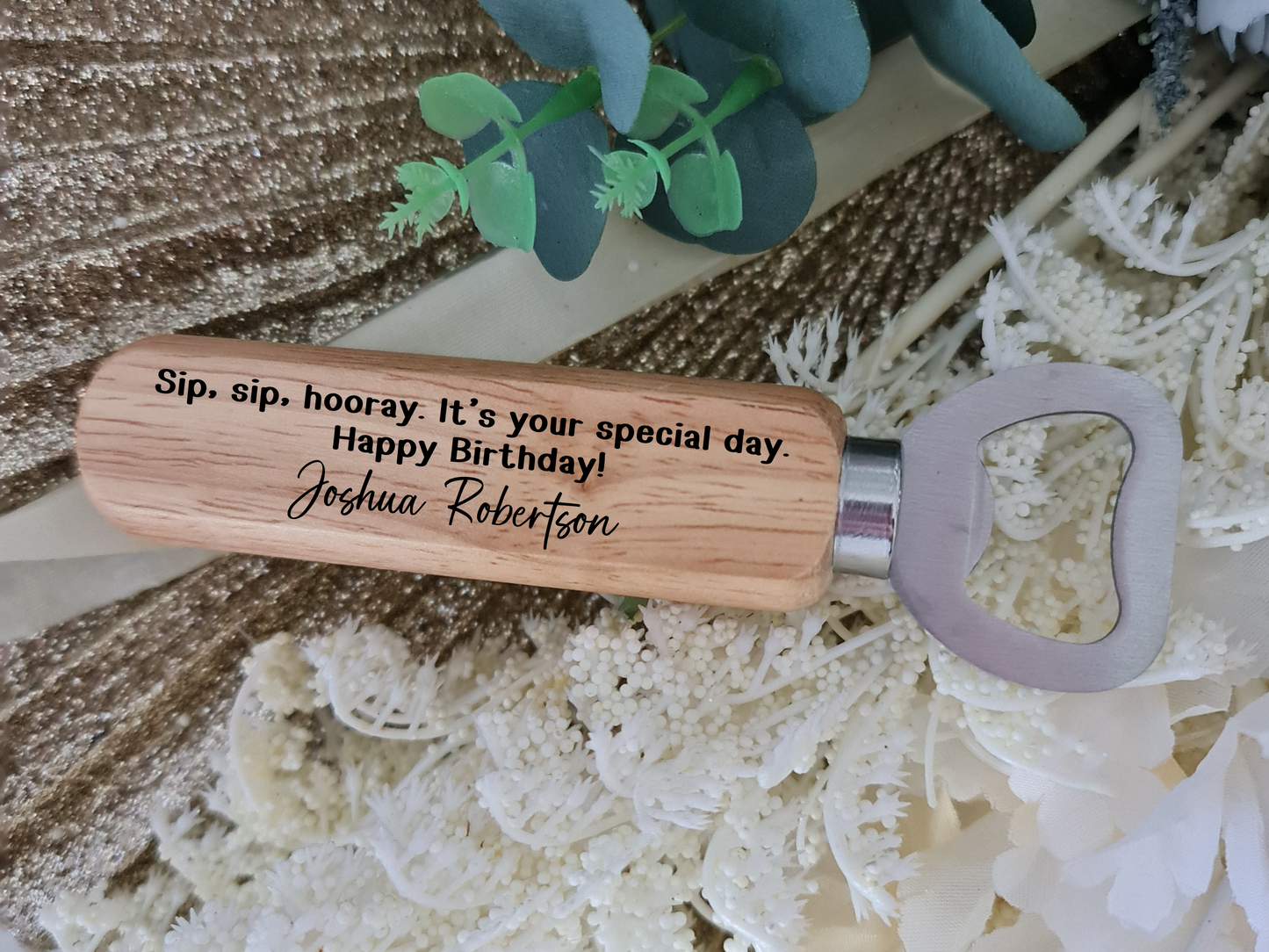 Personalised Wooden Handle Bottle Opener – Custom Engraved Gift
