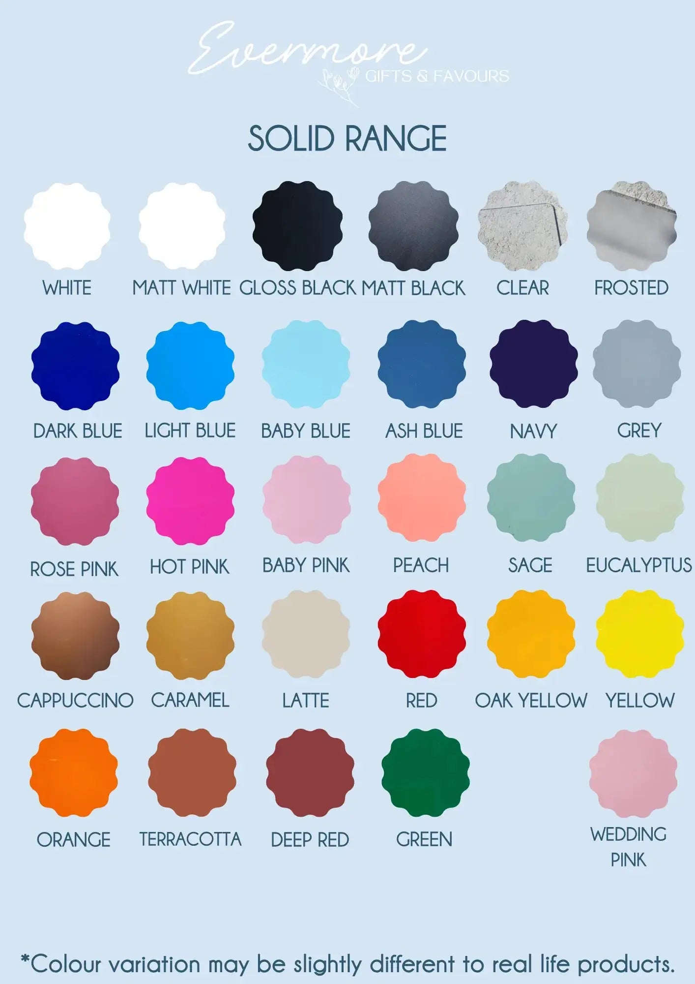 Acrylic colour chart showing available colours for personalised signage, wedding decor, cake toppers and custom gifts Australia