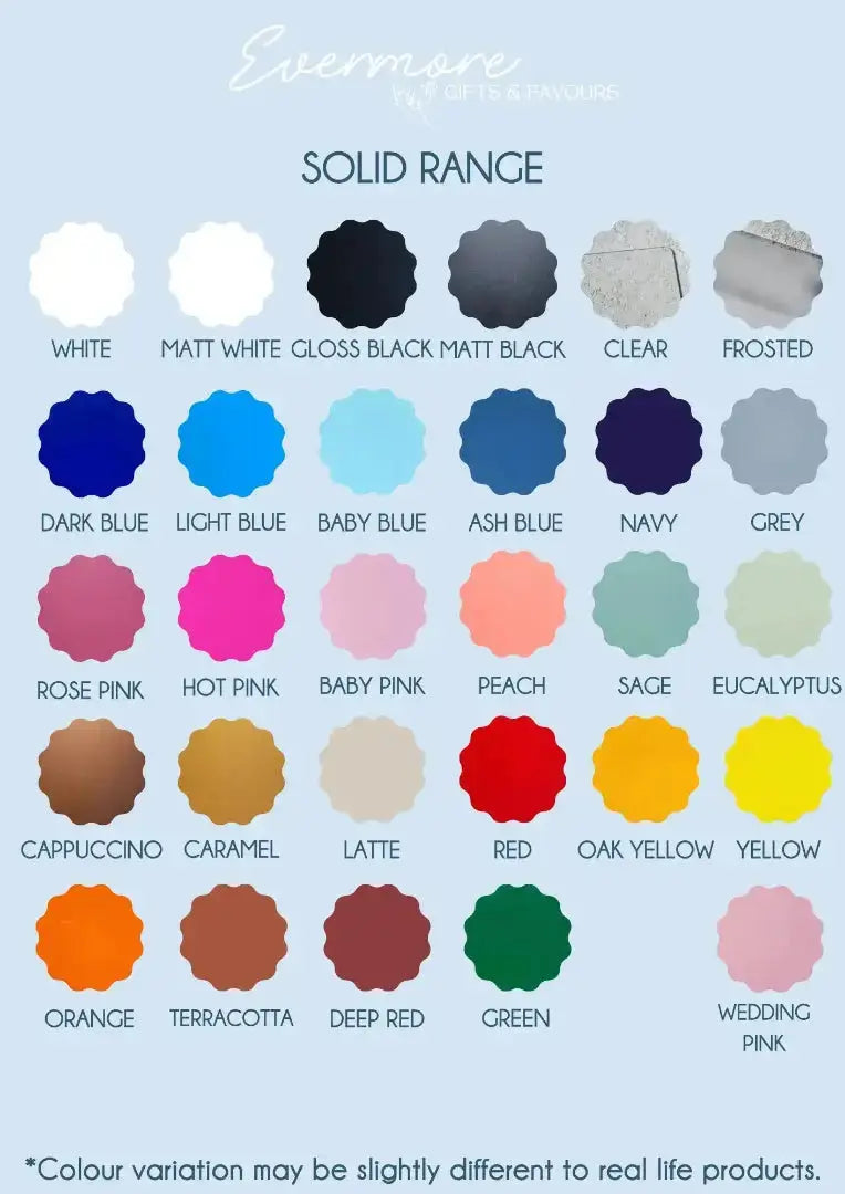 Acrylic colour chart showing available colours for personalised signage, wedding decor, cake toppers and custom gifts Australia