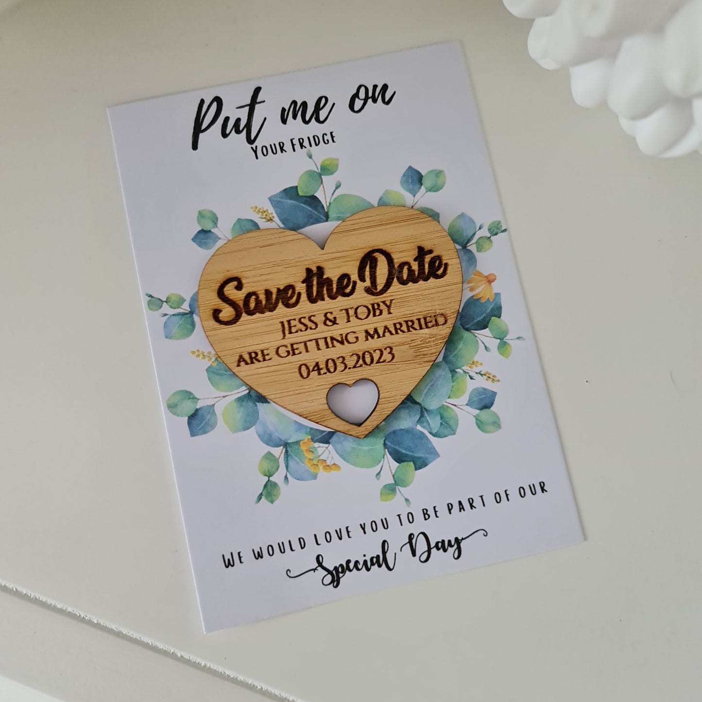 Laser Etched Save the Date Magnet – Round Wooden Wedding Disk