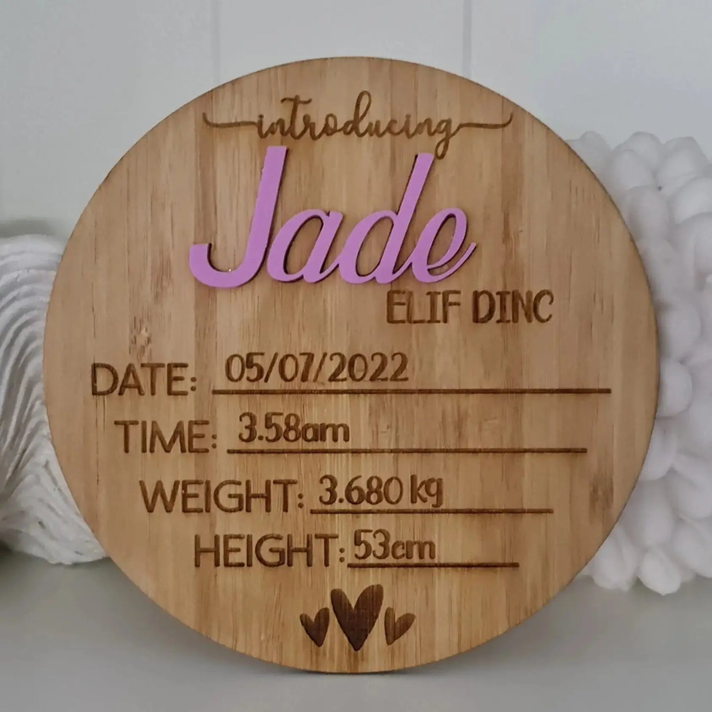 Round Baby Announcement Plaque 15cm Personalised | Heart Design Newborn Sign Evermore Gifts & Favours