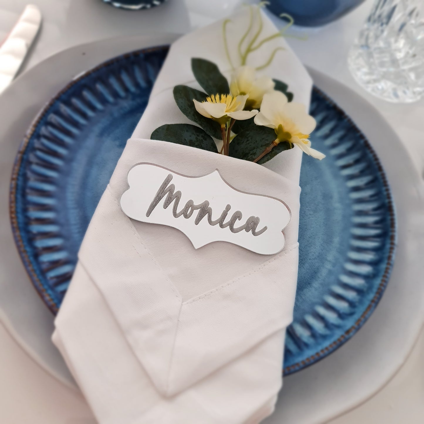 Custom Wedding Guest Name Tags – Mirror Acrylic or Bamboo Place Cards