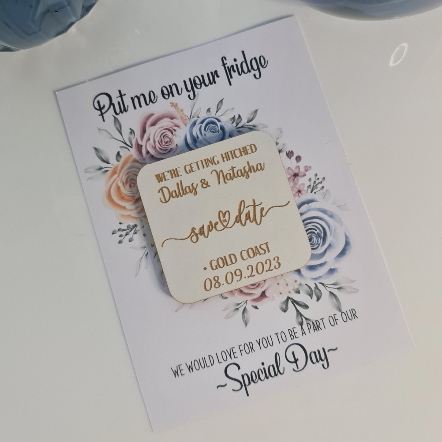 Personalised Save the Date Magnet – Timber Disk with Laser Engraving