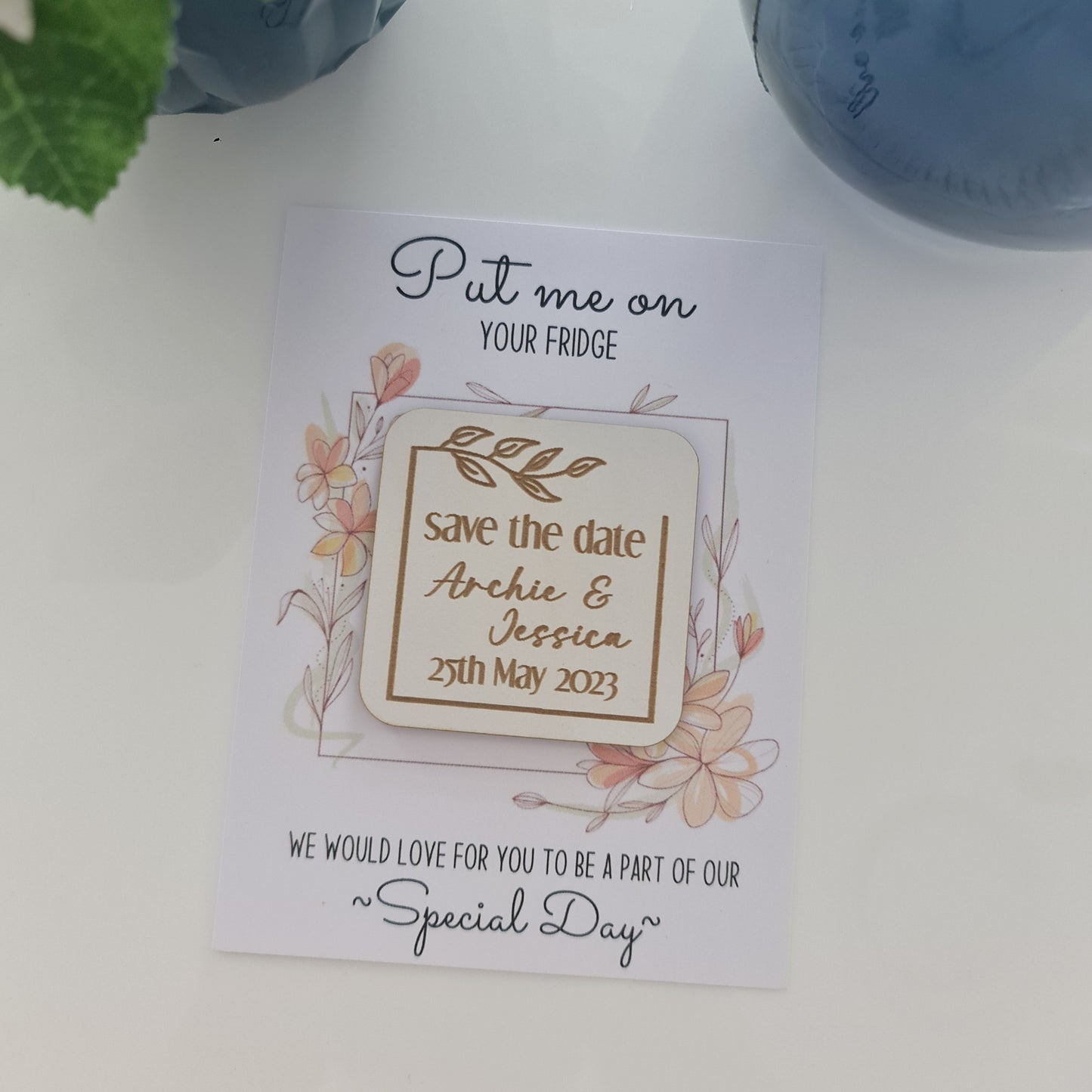 Personalised Wooden Save the Date Disk – Rustic Magnet Style