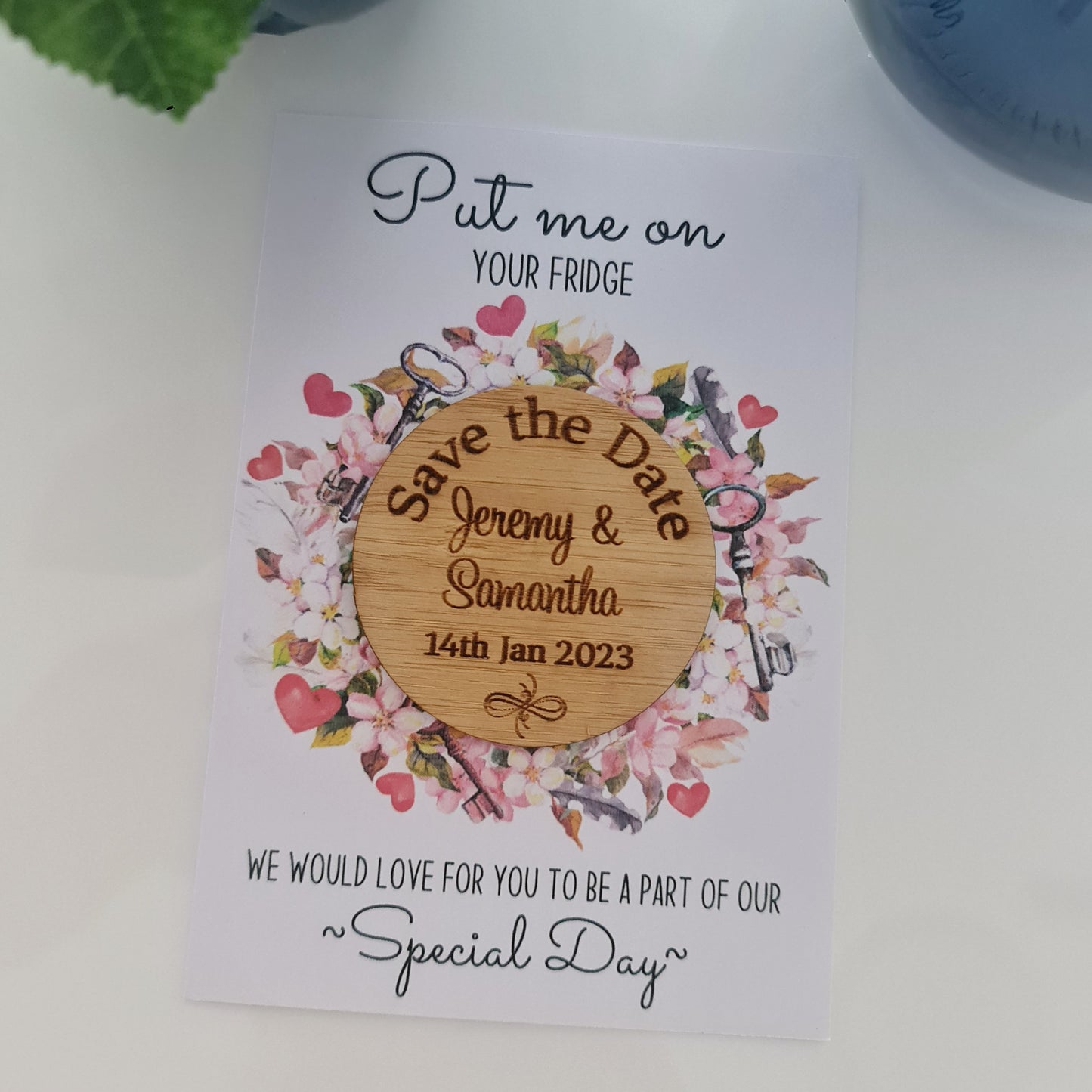 Engraved Magnet Save the Date – Wooden Circle for Fridge Display