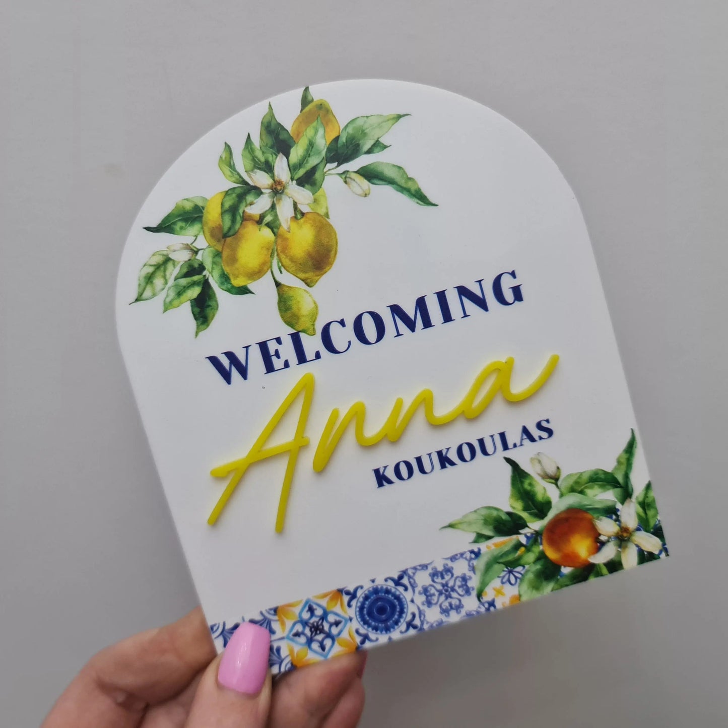 Lemon Baby Announcement Plaque A6 Arch | Personalised Newborn Sign Evermore Gifts & Favours