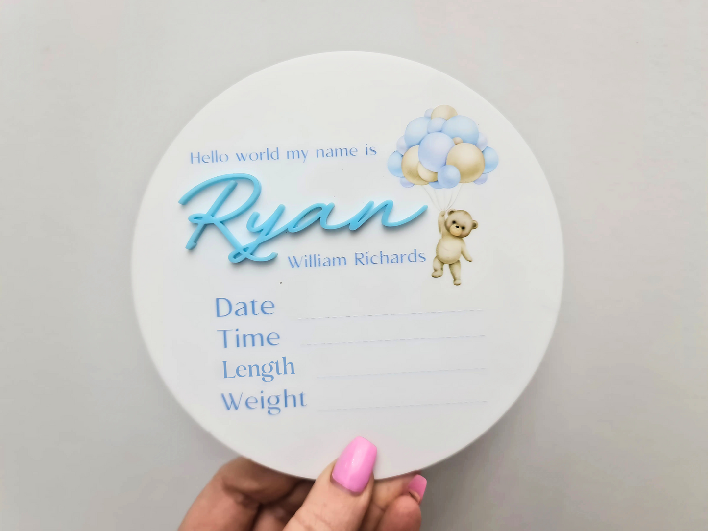 Baby Announcement Plaque Bear Balloon 15cm | UV Printed Newborn Sign Evermore Gifts & Favours