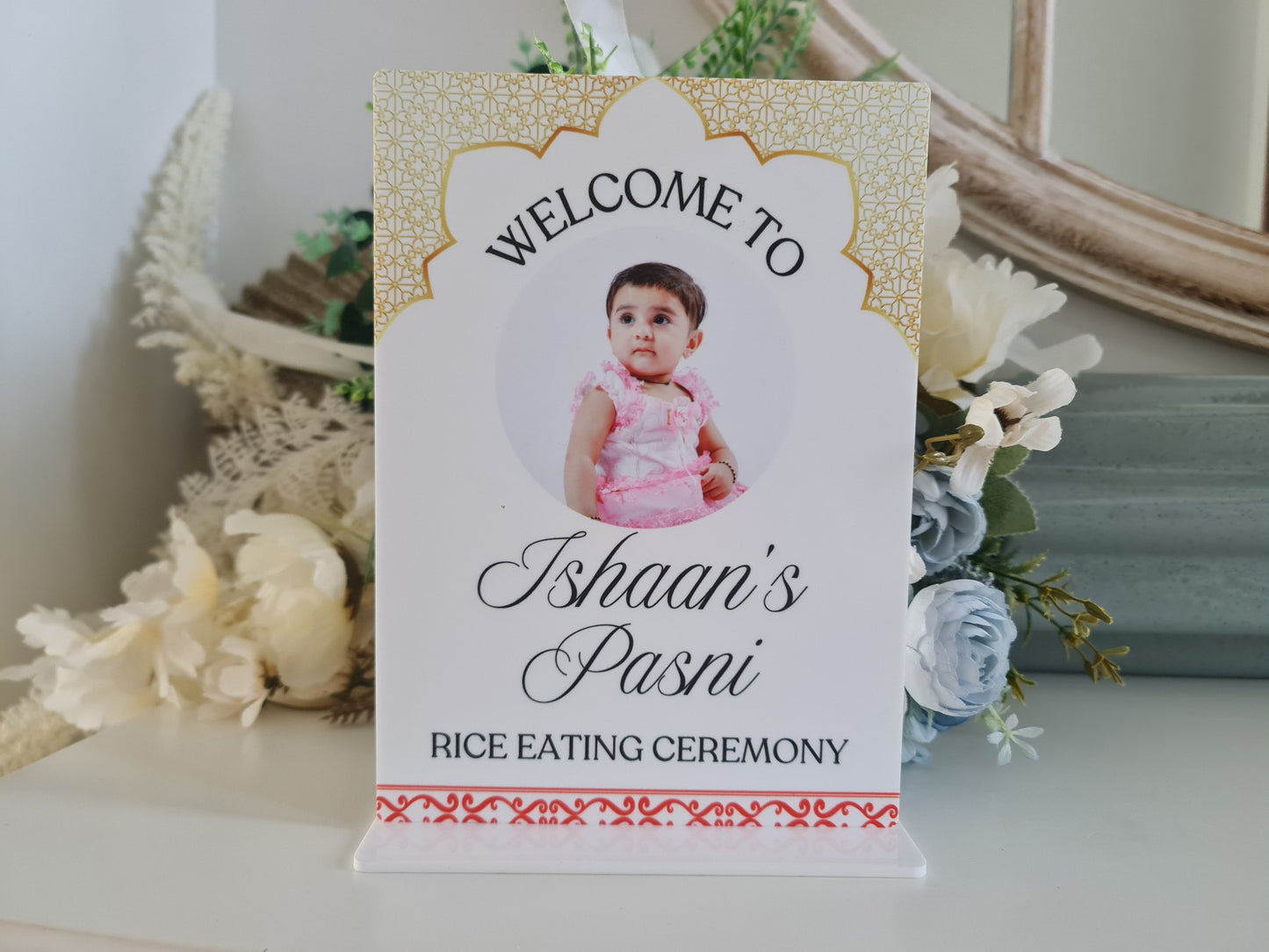 Printed Pasni Welcome Sign – Personalised UV Printed Acrylic or Timber Sign for Baby’s Rice Feeding Ceremony