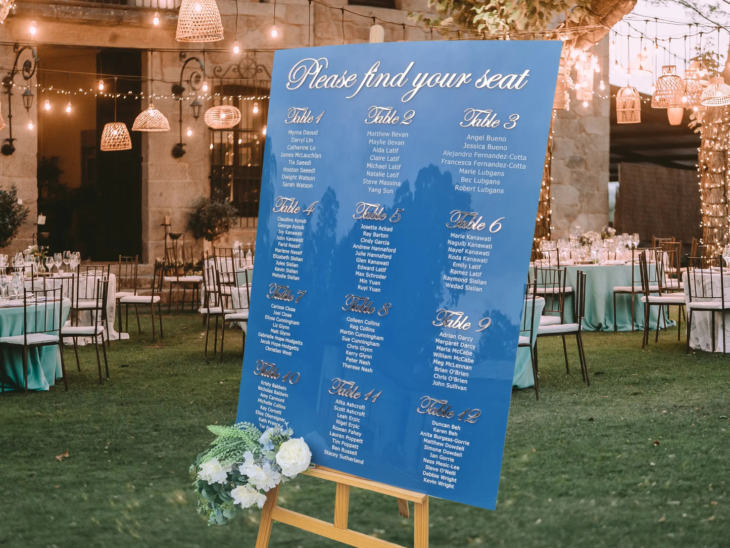 Navy Blue and rose gold mirror wedding seating chart front