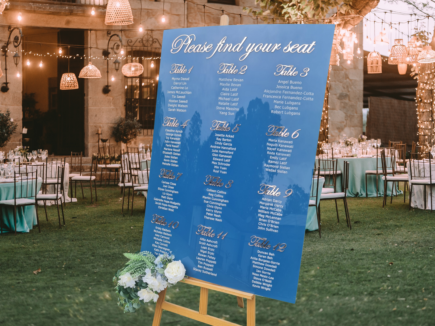 Navy Blue and rose gold mirror wedding seating chart front