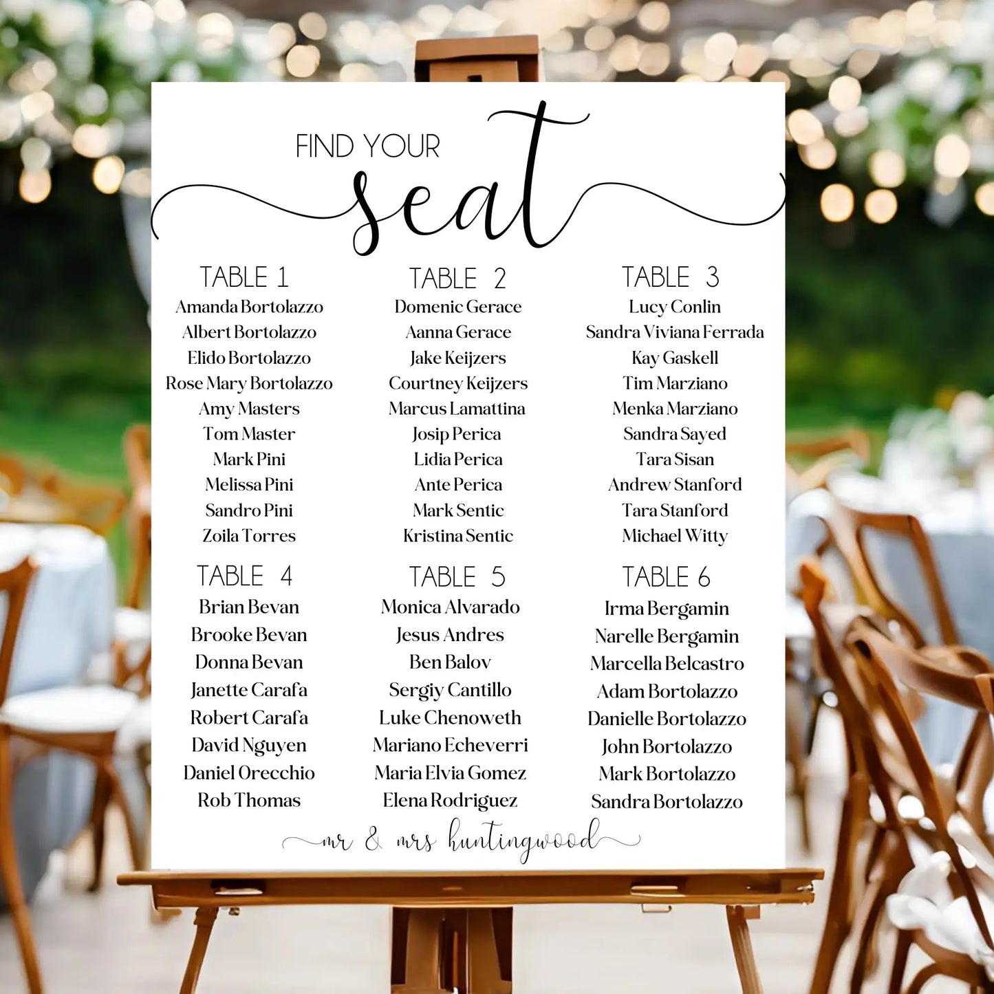 rectangle wedding seating chart front on