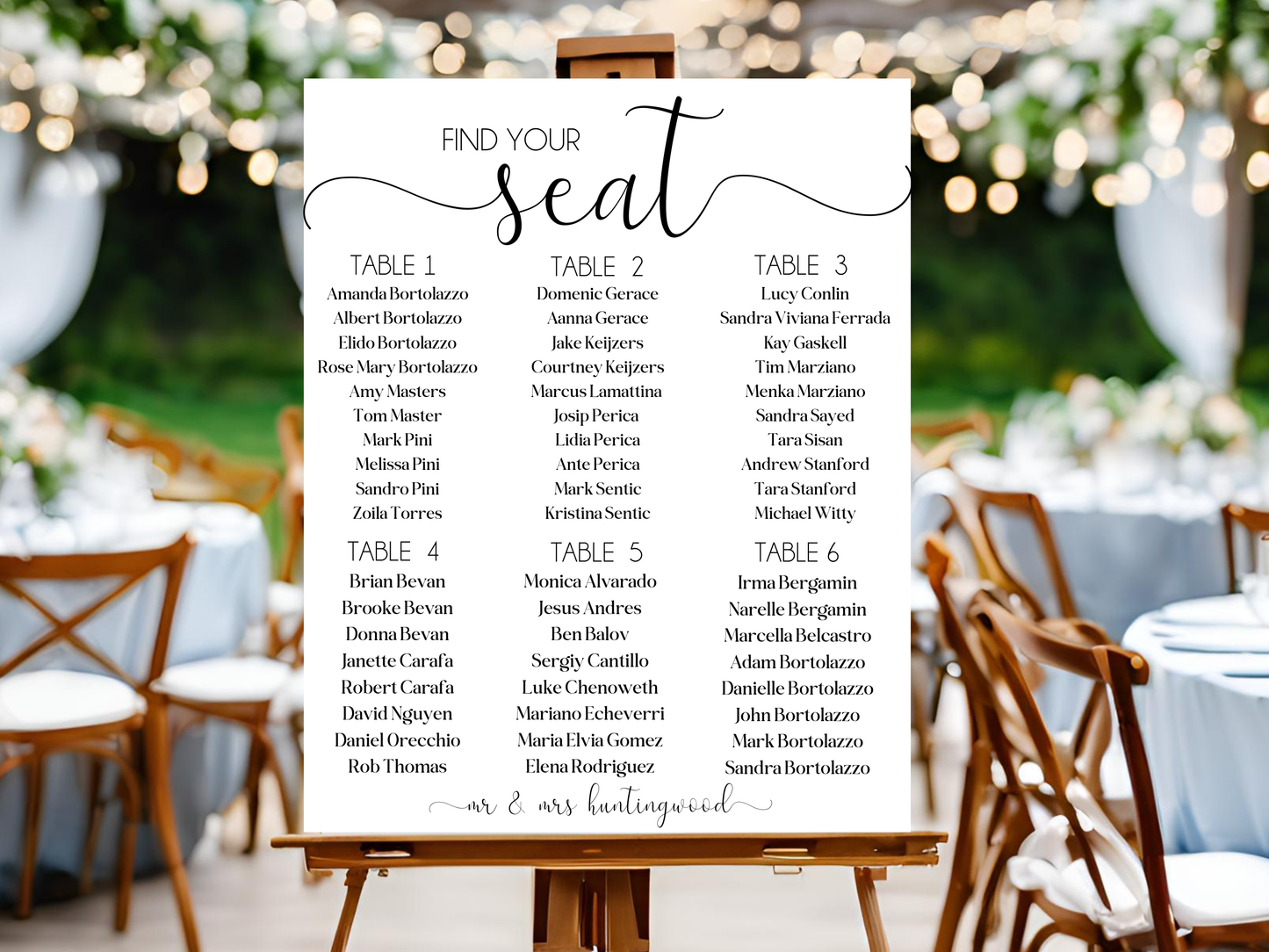 rectangle wedding seating chart front on