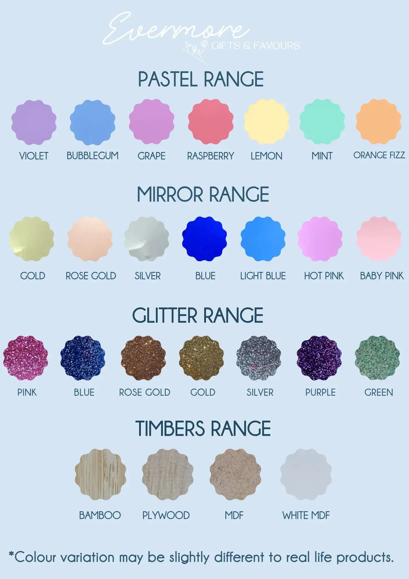 Acrylic colour chart showing available colours for personalised signage, wedding decor, cake toppers and custom gifts Australia