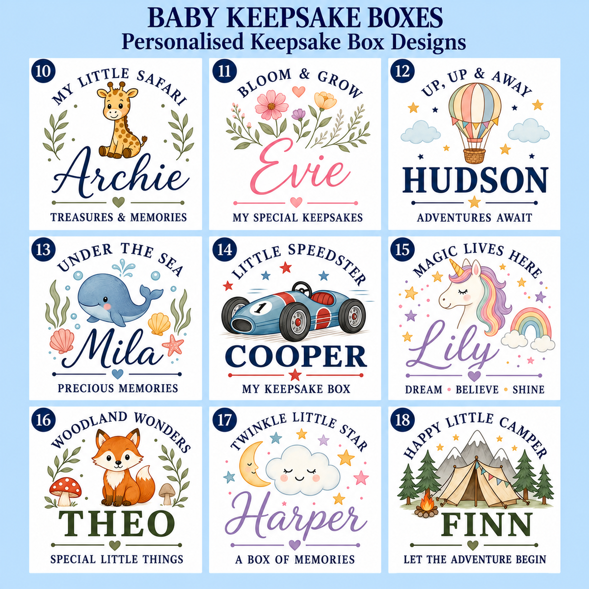 Baby keepsake box designs 10–18