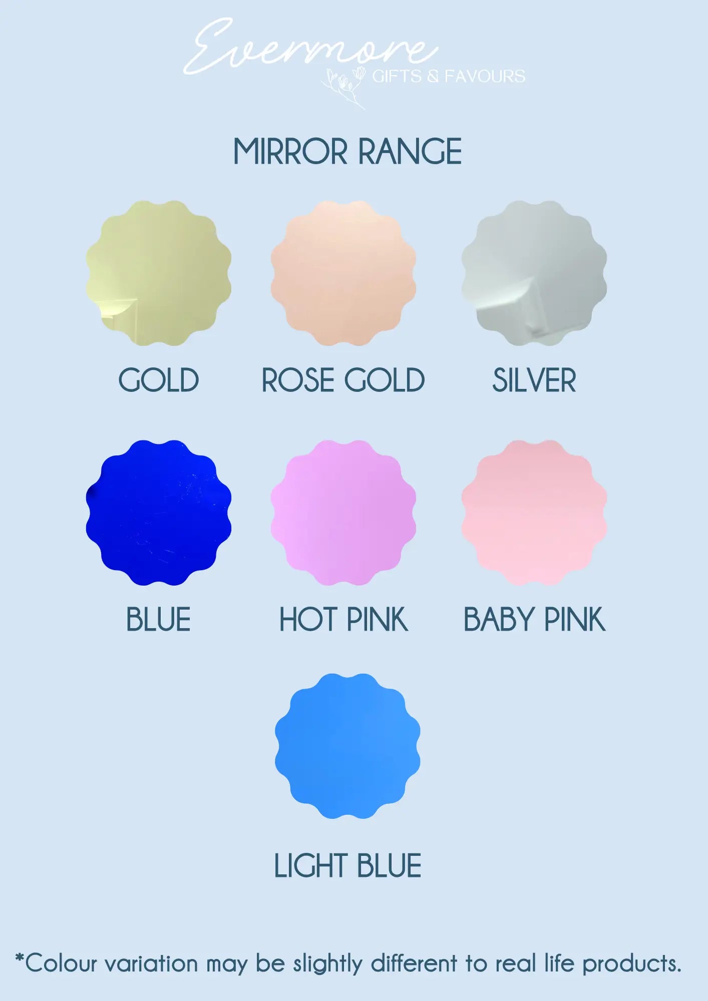 Acrylic colour chart showing available colours for personalised signage, wedding decor, cake toppers and custom gifts Australia