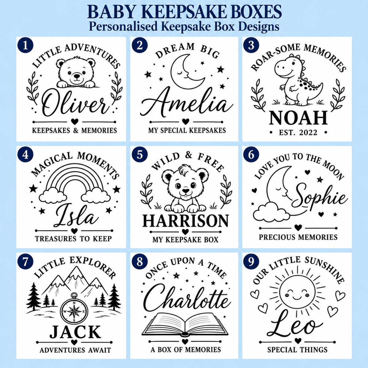 Baby keepsake box designs 1–9