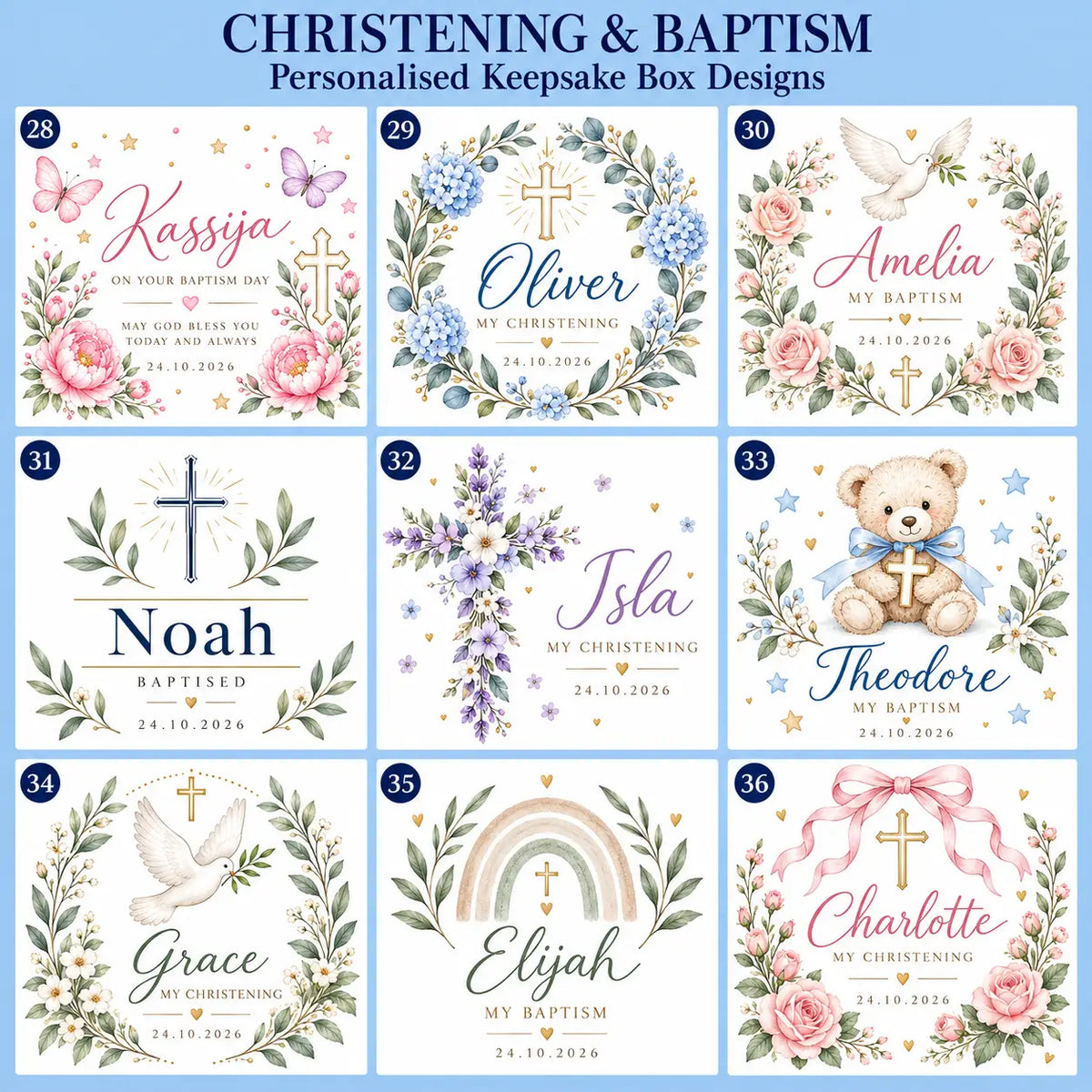 Christening and baptism keepsake designs 28–36