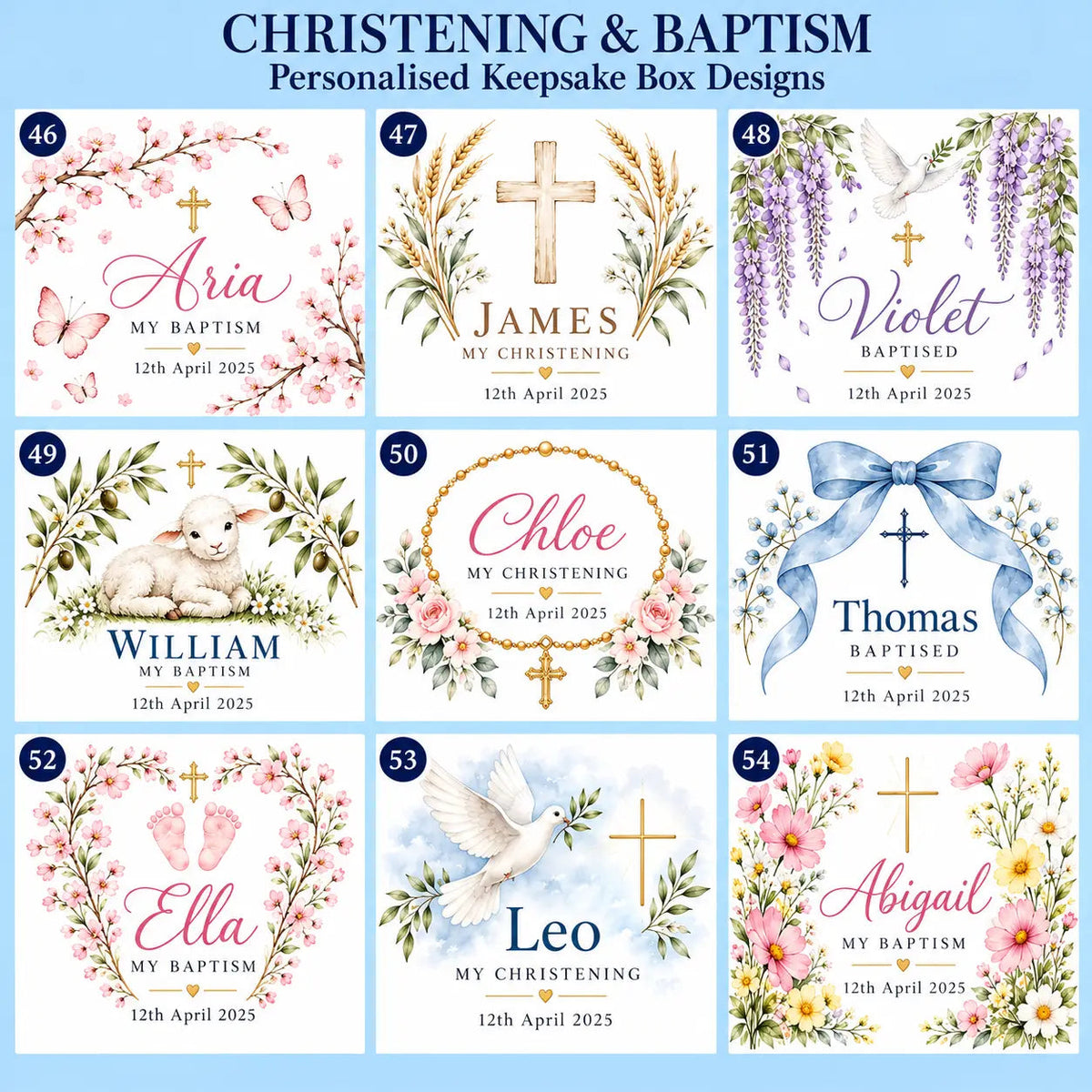 Christening and baptism keepsake box designs 46–54