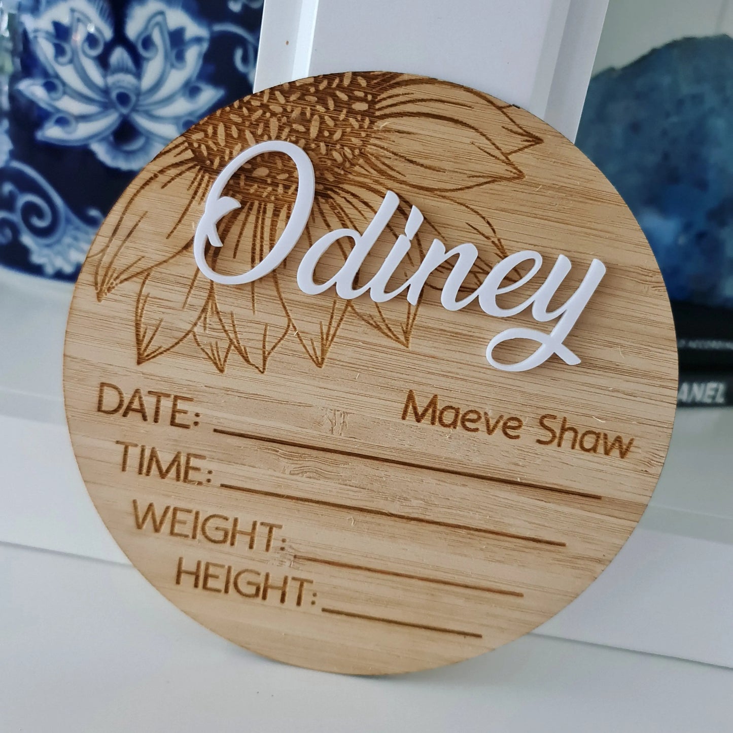 Baby Announcement Plaque Floral 15cm Round | Engraved Newborn Sign Australia Evermore Gifts & Favours