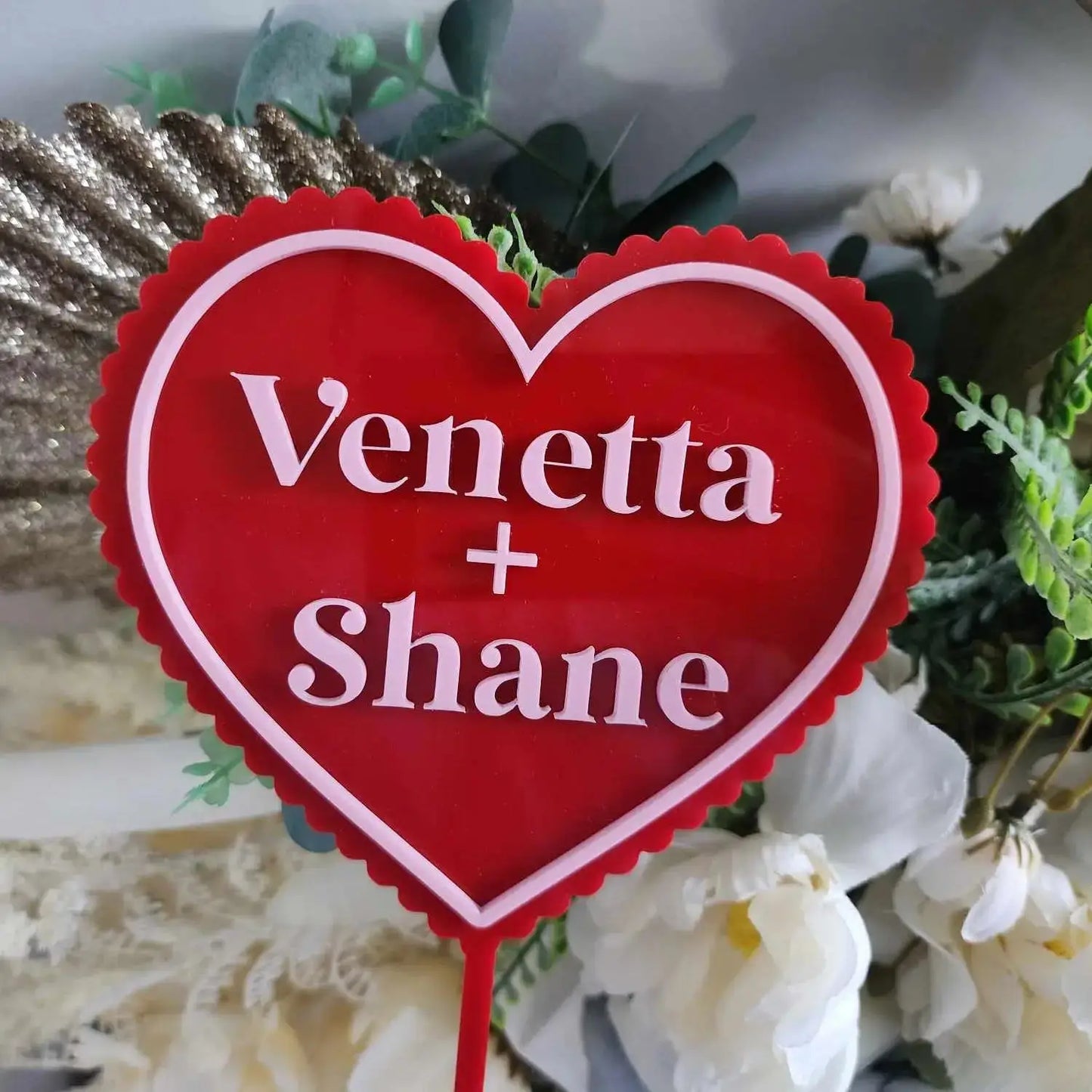 red and pink personalised cake topper wedding