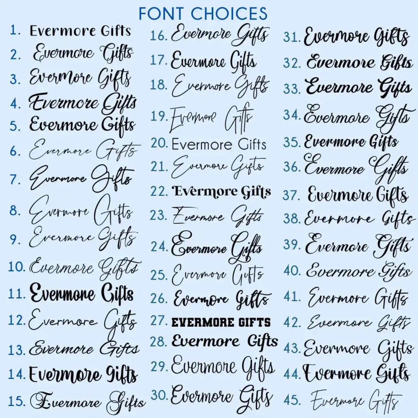 Font selection chart showing a range of personalised script, modern, bold and handwritten fonts available for custom acrylic signs, cake toppers and personalised gifts