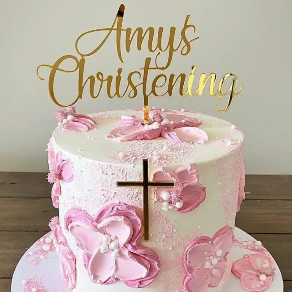 Christening Cake Topper – Elegant Name and Cross Design Evermore Gifts & Favours