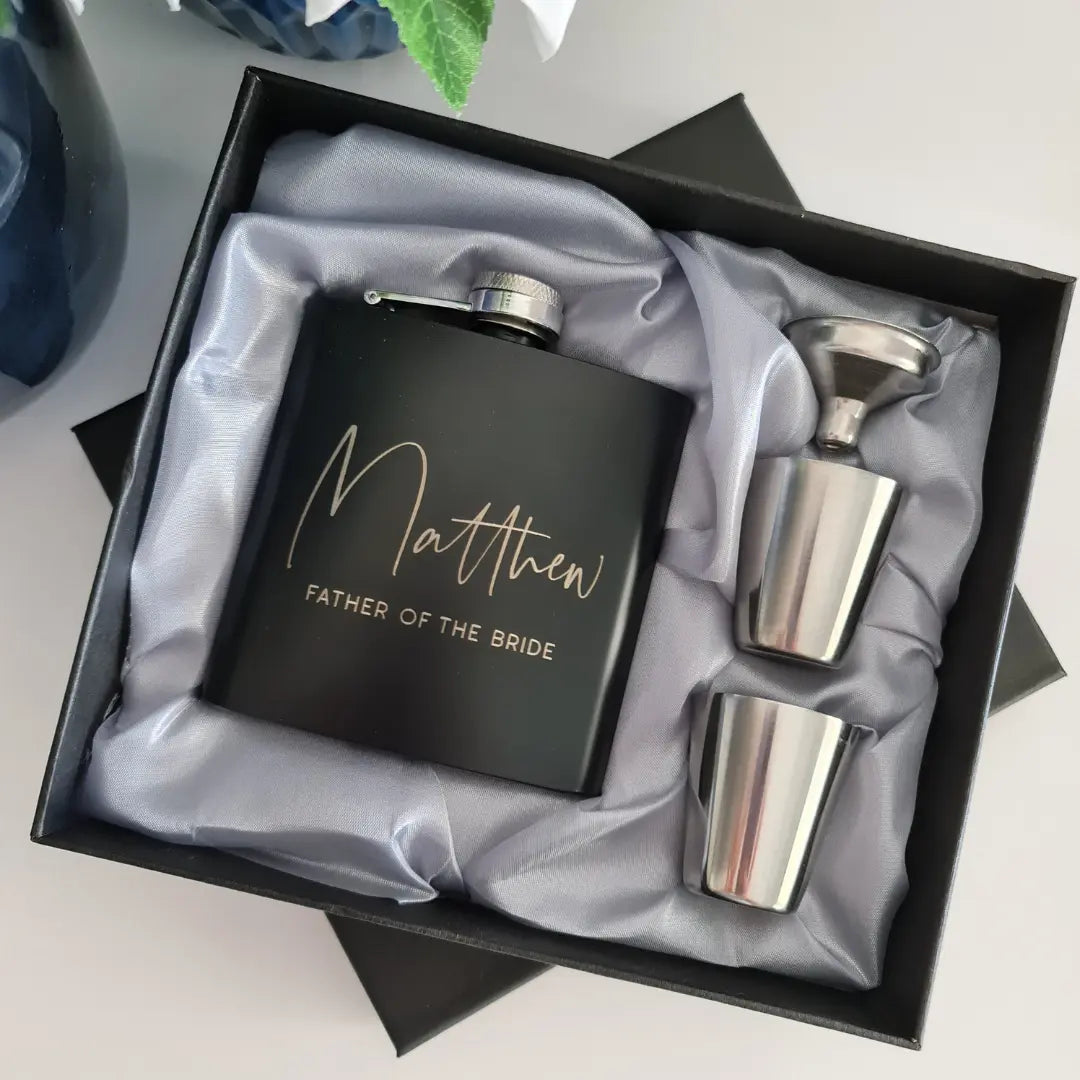Personalised 6oz Flask Gift Set – Custom Engraved for Him or Her Evermore Gifts & Favours