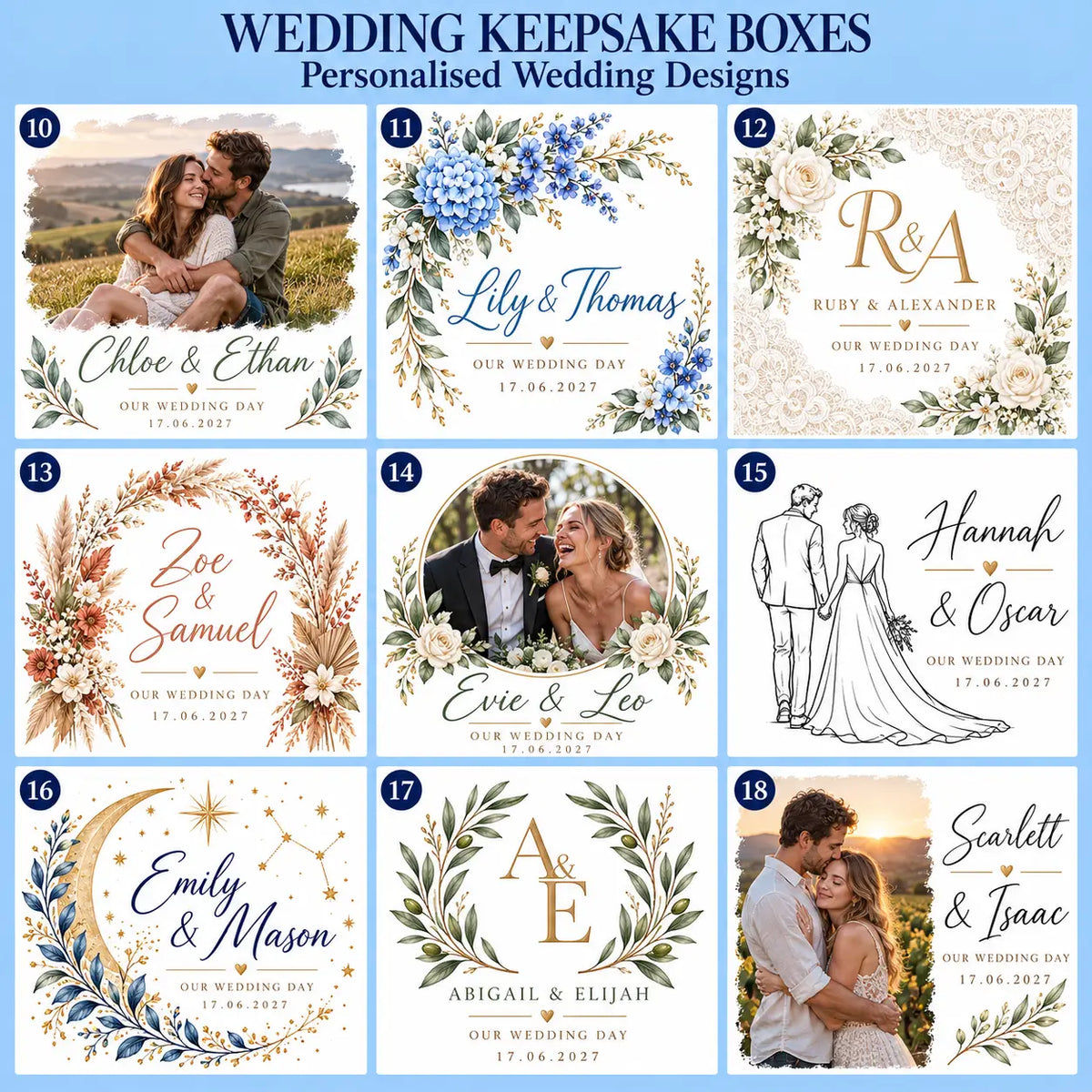Wedding keepsake box designs 10–18