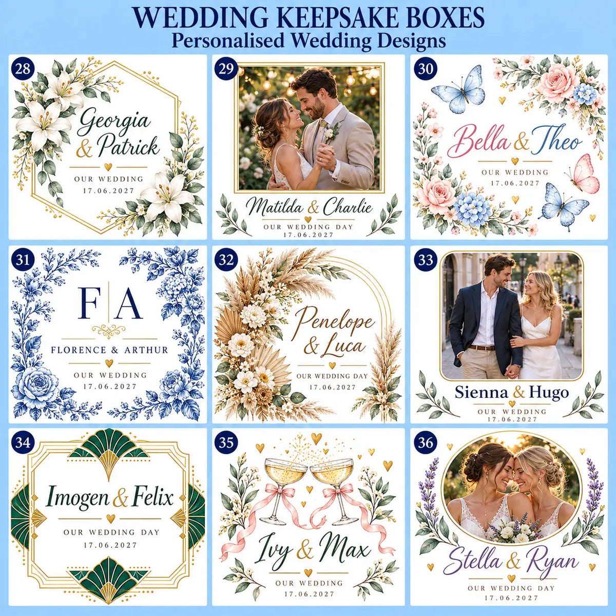 Wedding keepsake box designs 28–36