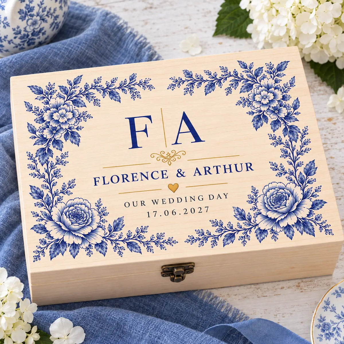 Blue Toile Wedding Keepsake Box | Personalised Monogram
