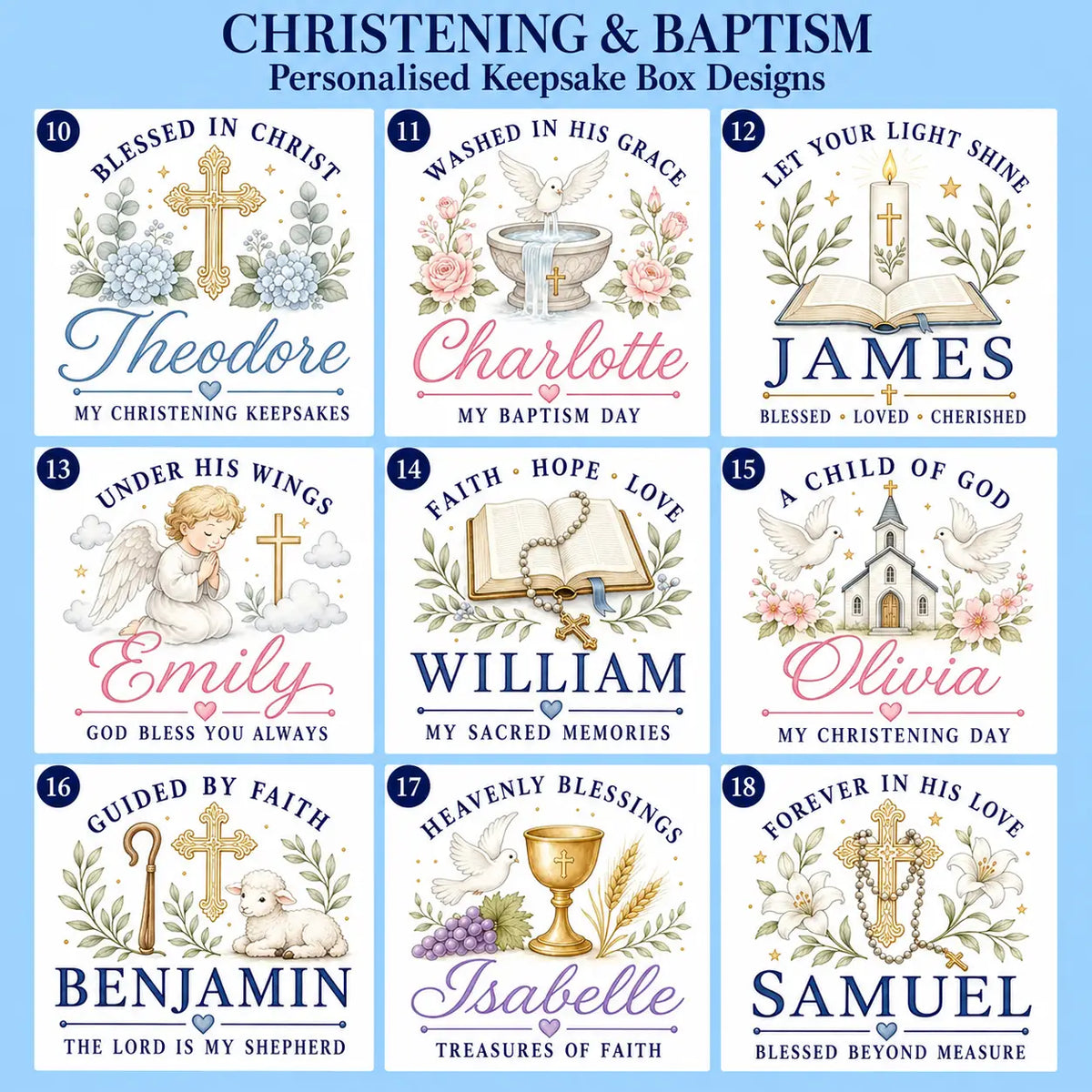 Christening and baptism keepsake box designs 10–18