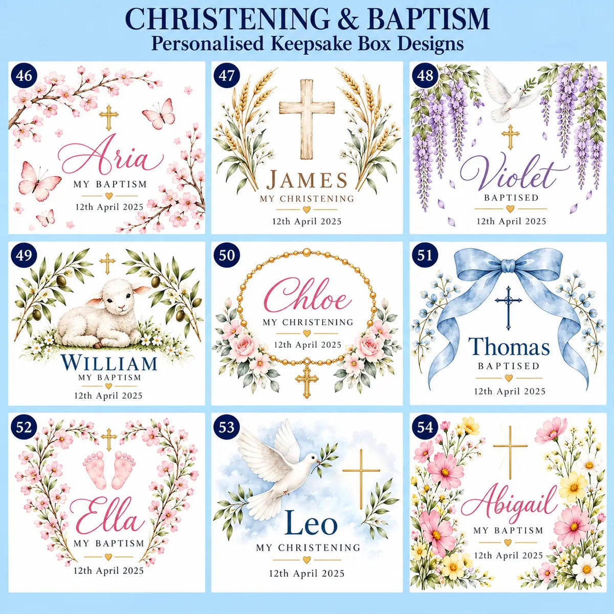 Christening and baptism keepsake box designs 46–54