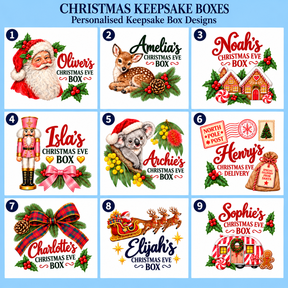 Christmas keepsake box designs 1–9