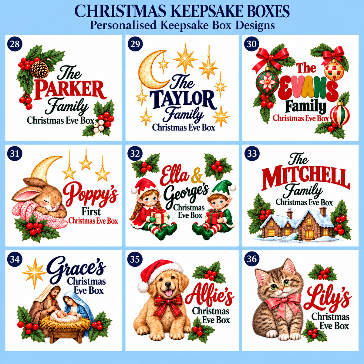 Christmas keepsake box designs 28–36