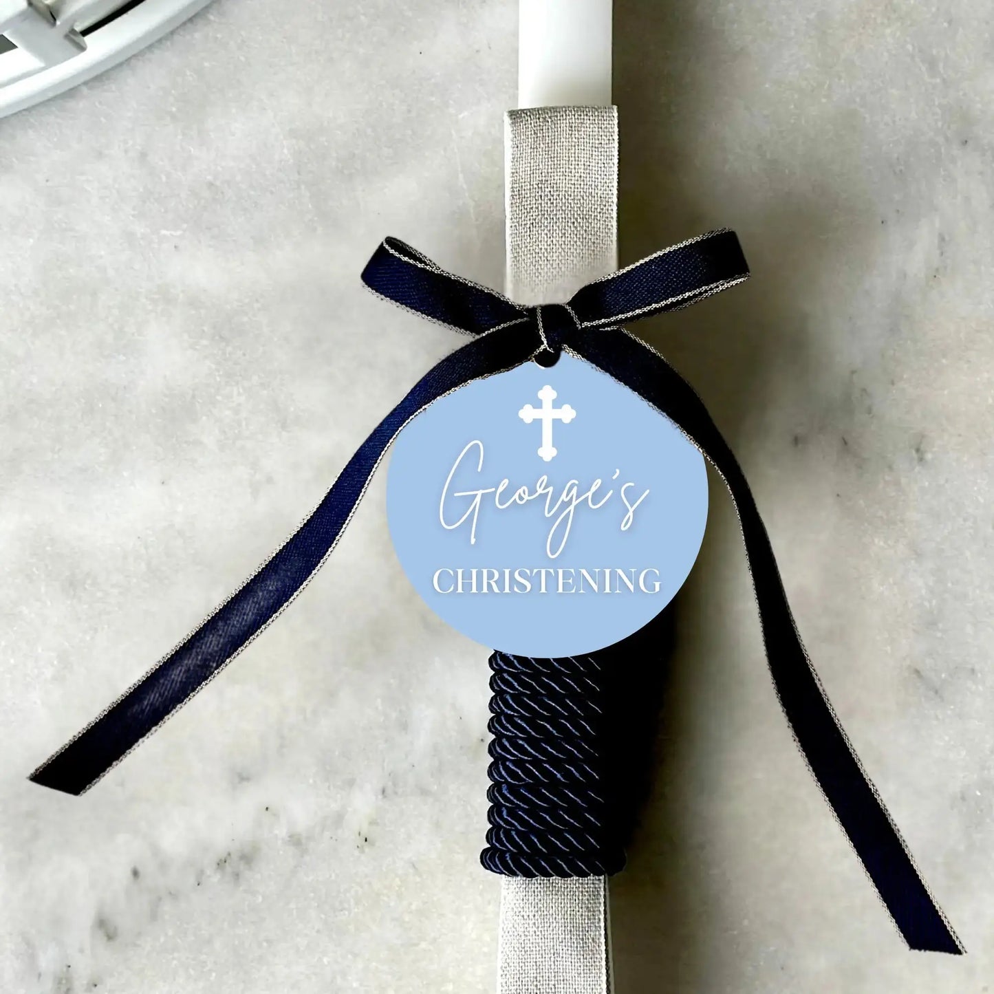 Christening Candle Tags – Engraved Name Tags for Candle Favours – 100mm Evermore Gifts & Favours