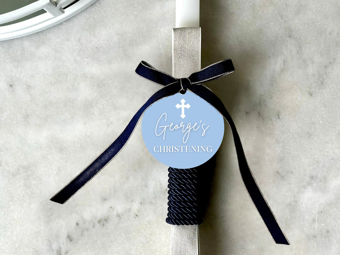 Christening Candle Tags – Engraved Name Tags for Candle Favours – 100mm Evermore Gifts & Favours