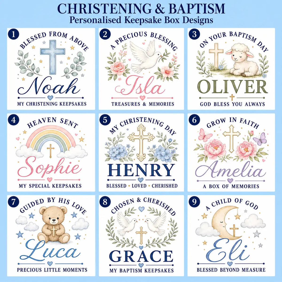 Christening and baptism keepsake box designs 1–9