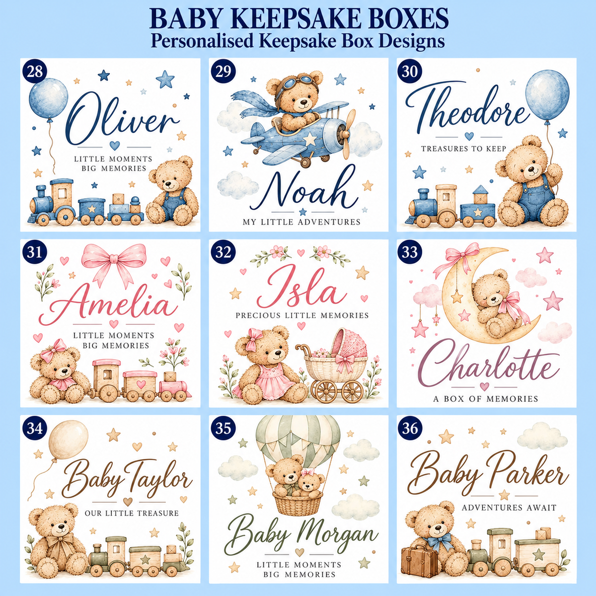Baby keepsake box designs 28–36