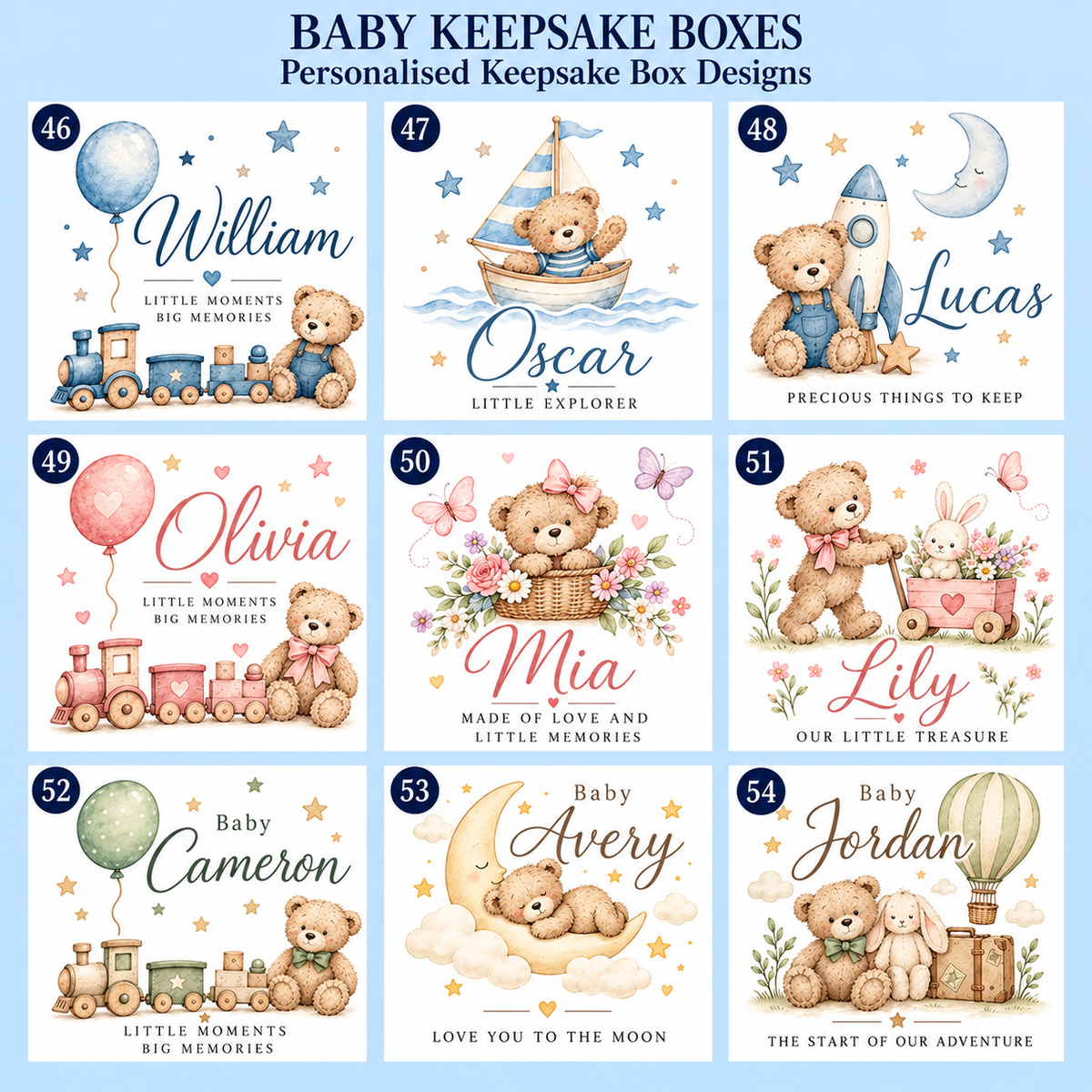 Baby keepsake box designs 46–54