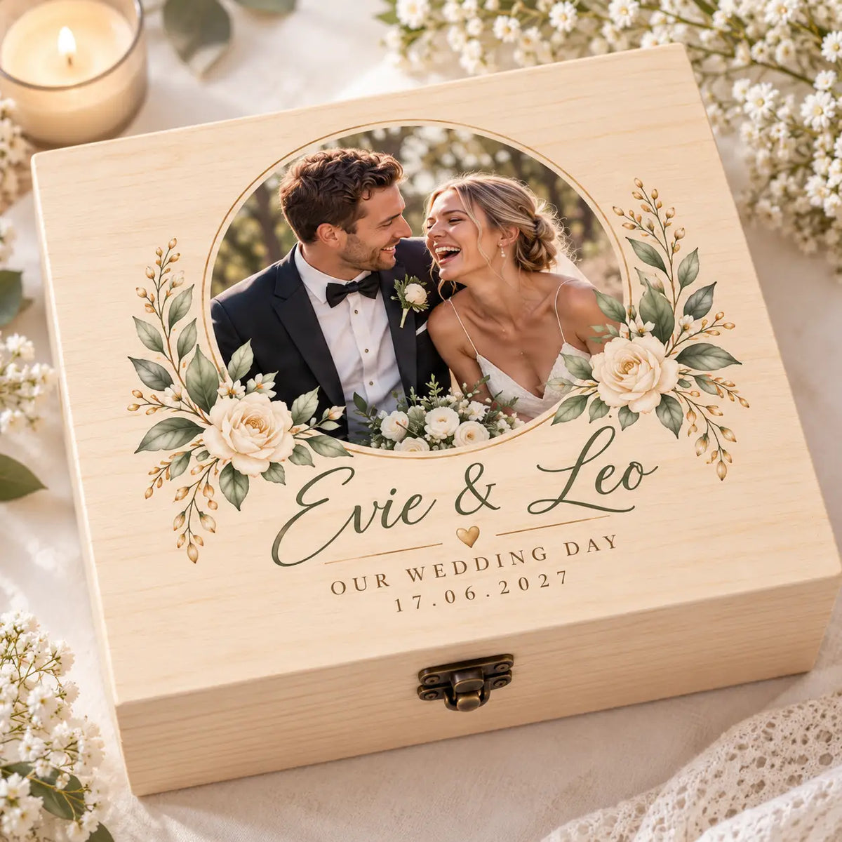 Round Photo Wedding Keepsake Box | Personalised Floral Gift