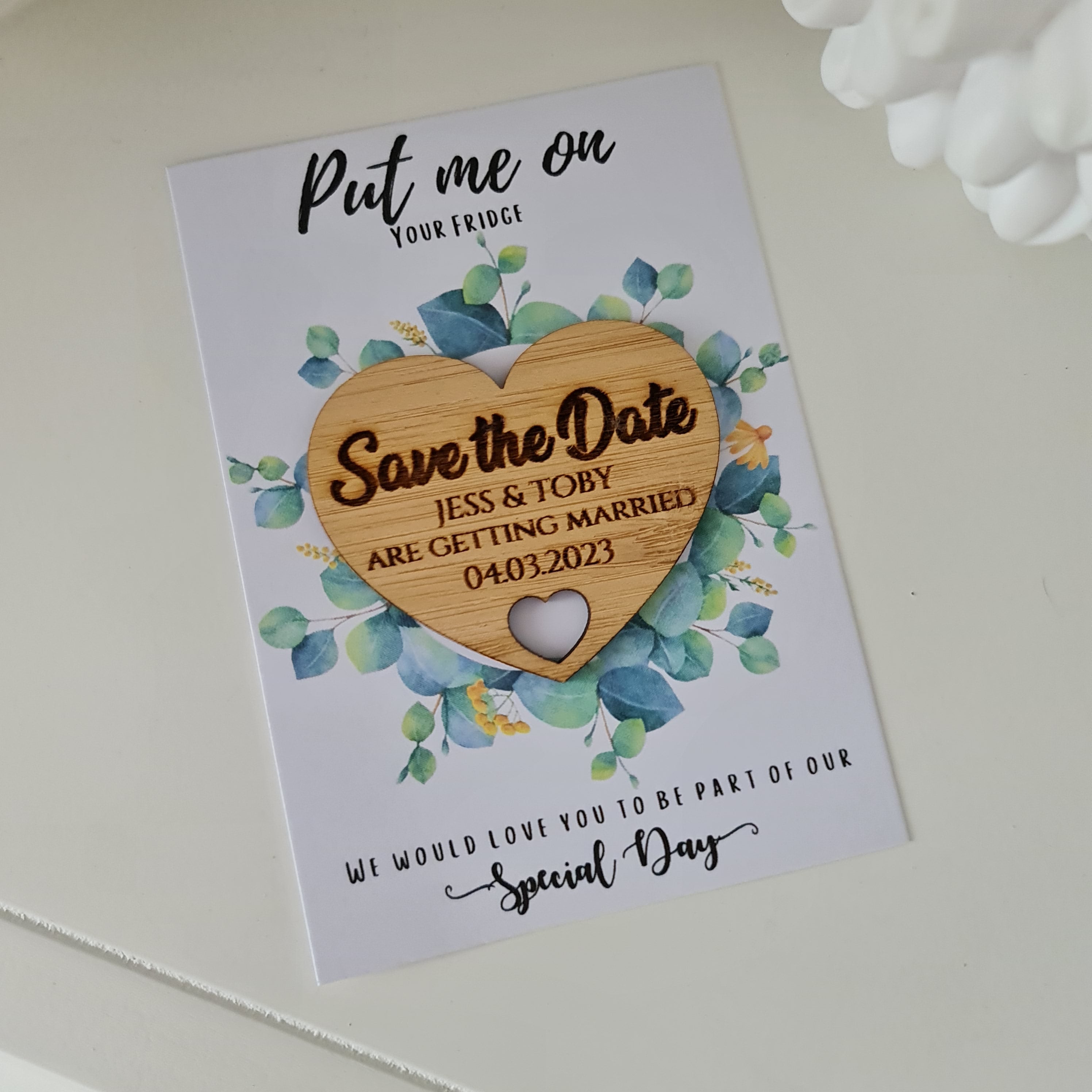 Laser Etched Save the Date Magnet – Round Wooden Wedding Disk