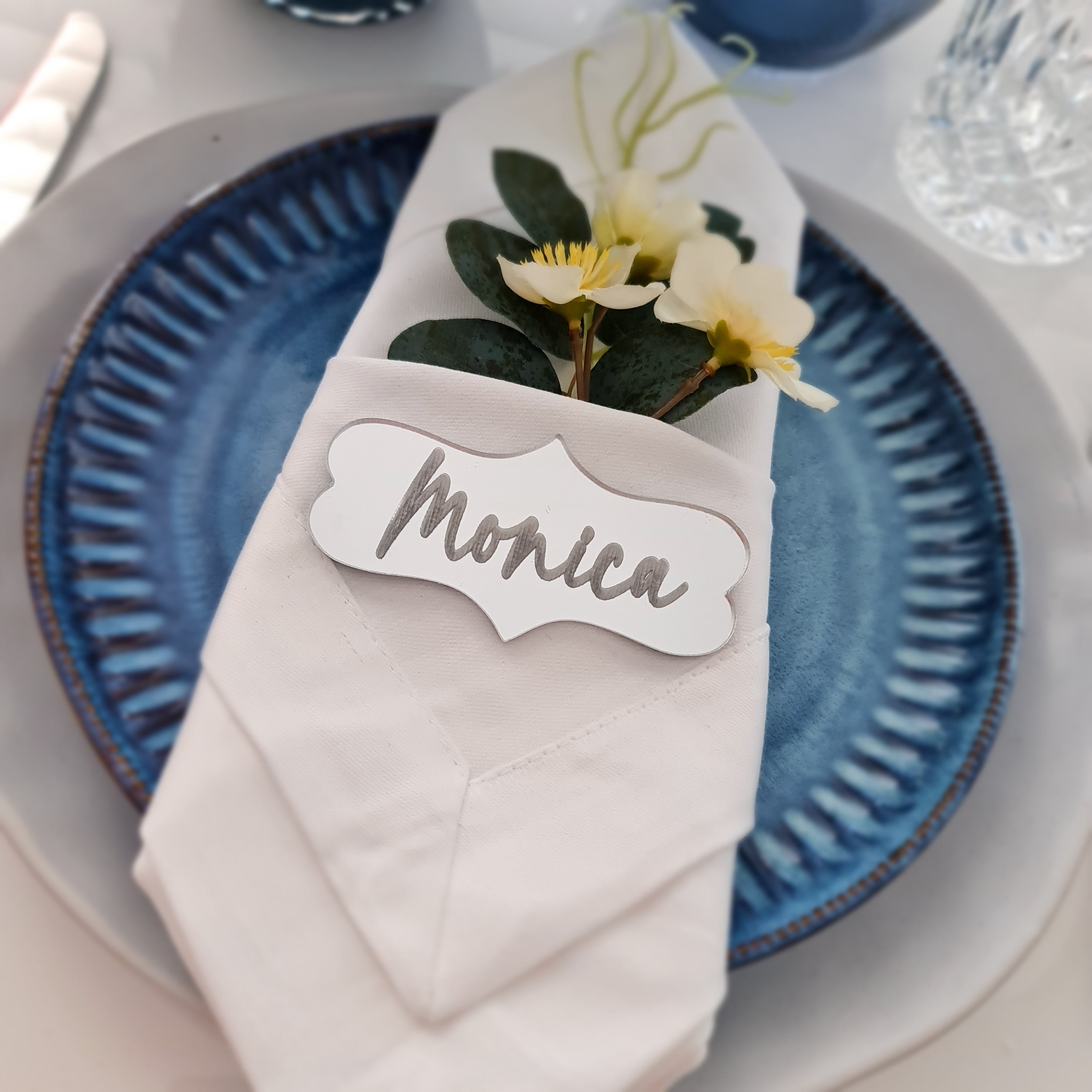 Custom Wedding Guest Name Tags – Mirror Acrylic or Bamboo Place Cards