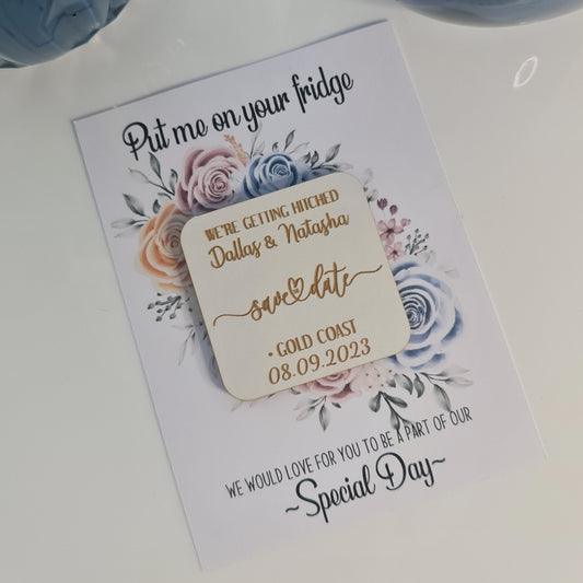 Personalised Save the Date Magnet – Timber Disk with Laser Engraving