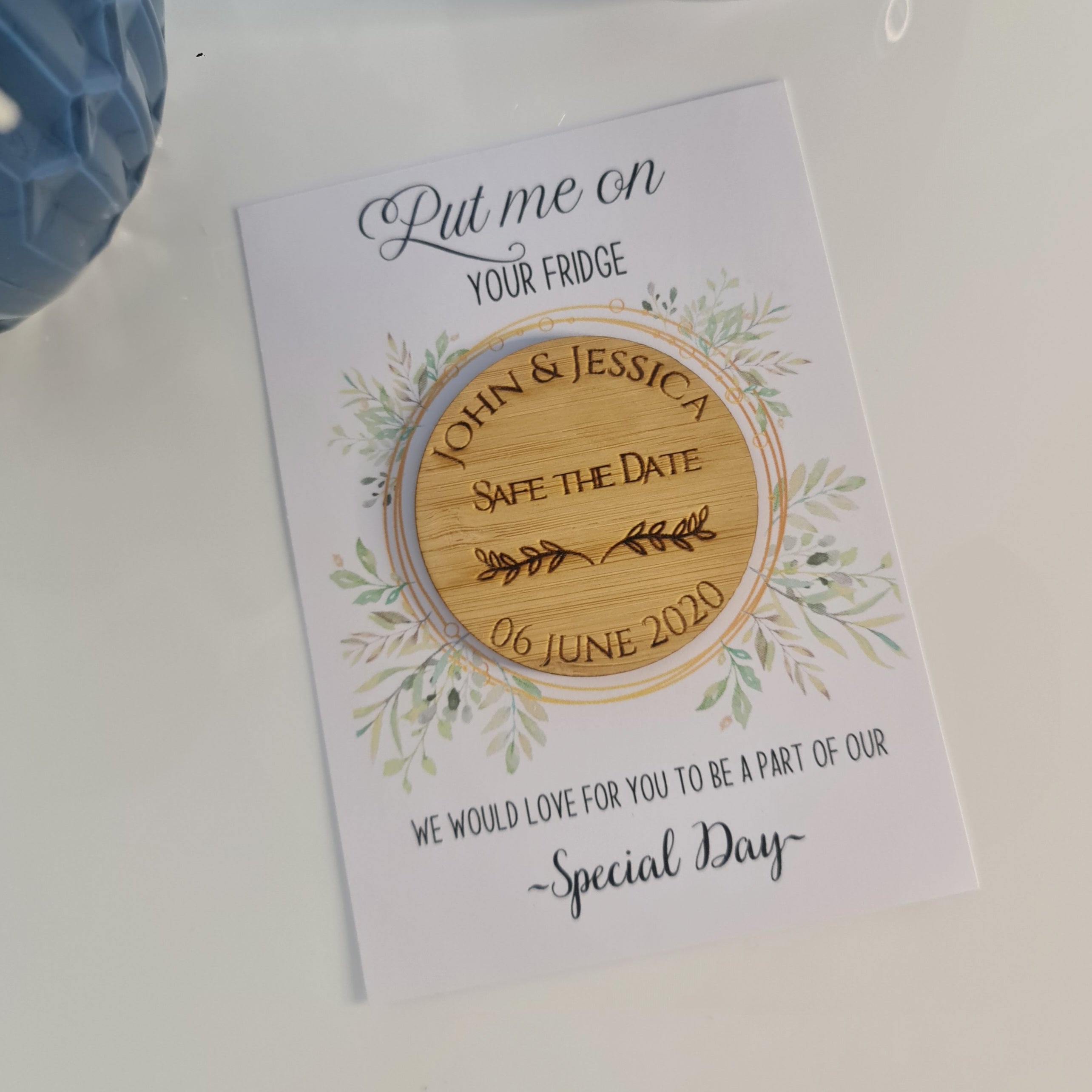 Engraved Wooden Save the Date – Magnetic Disk for Wedding Invitations