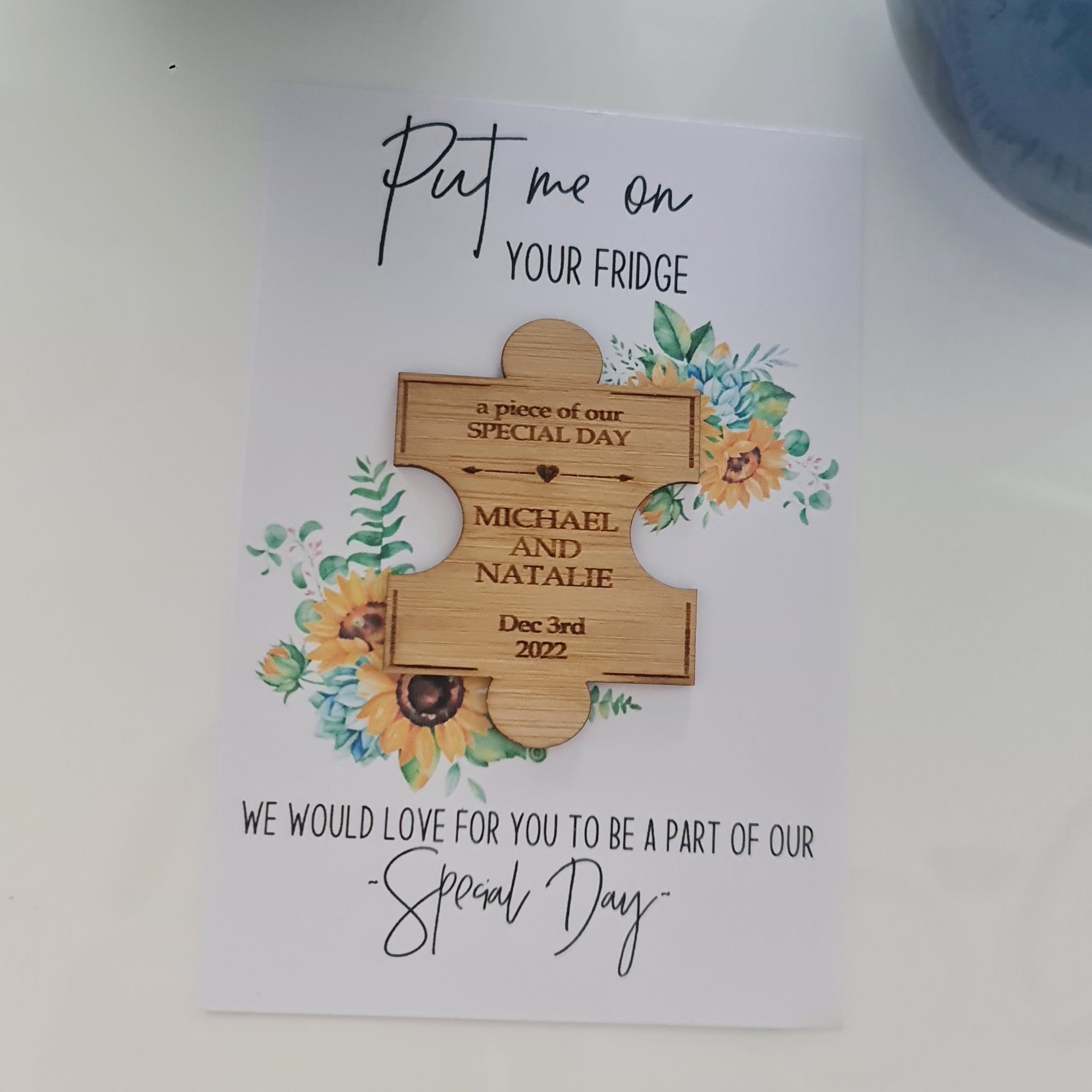 Personalised Wooden Save the Date Disk – Rustic Magnet Style