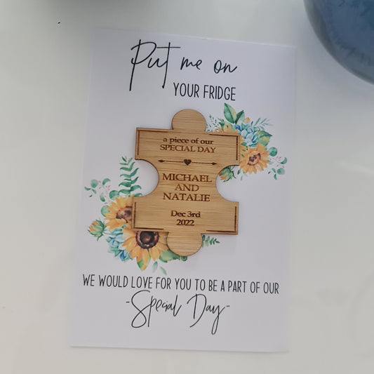 Personalised Wooden Save the Date Disk – Rustic Magnet Style
