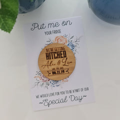 Custom Save the Date Magnet – Laser Engraved Wooden Disk Invitation