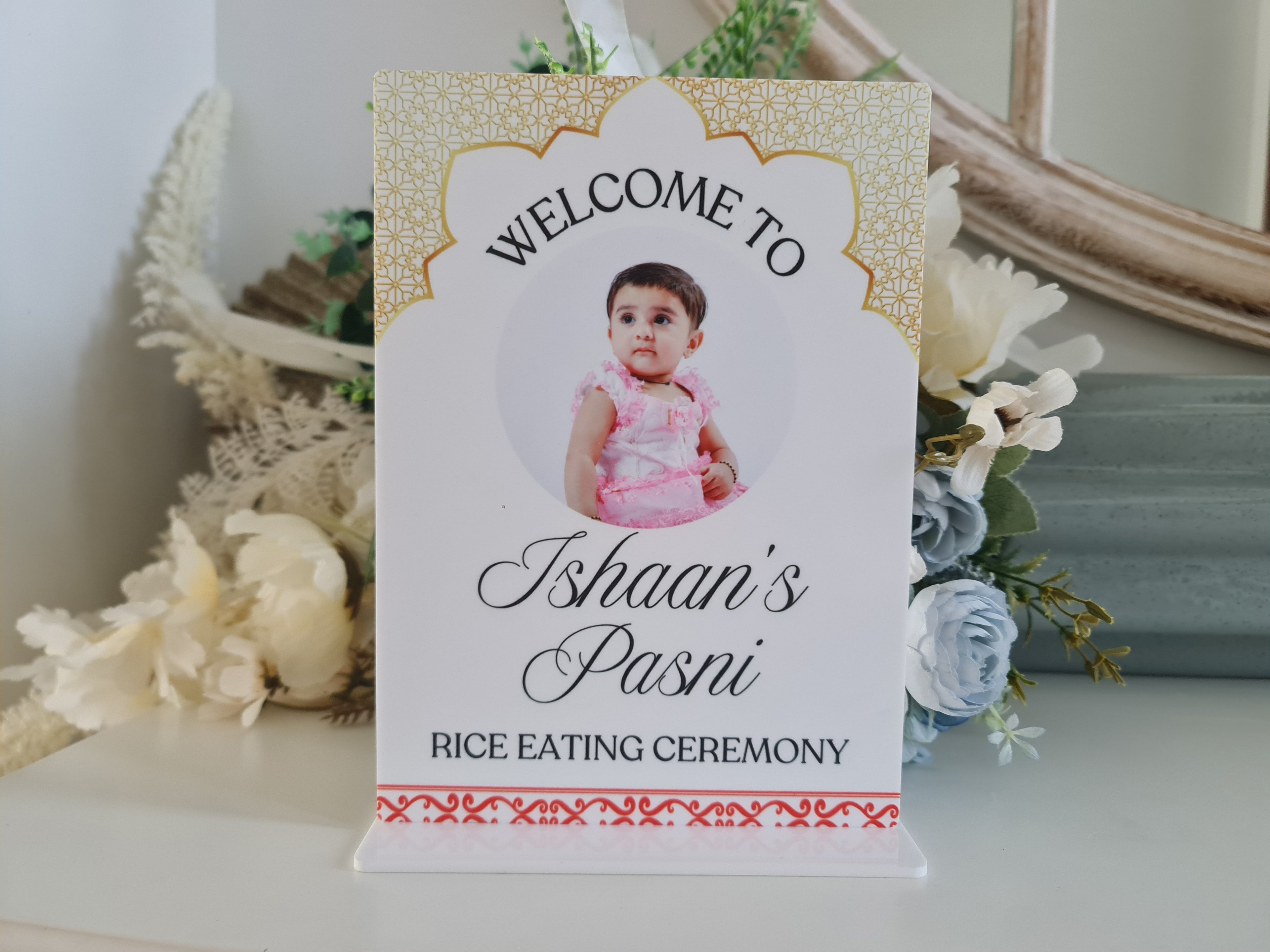 Printed Pasni Welcome Sign – Personalised UV Printed Acrylic or Timber Sign for Baby’s Rice Feeding Ceremony