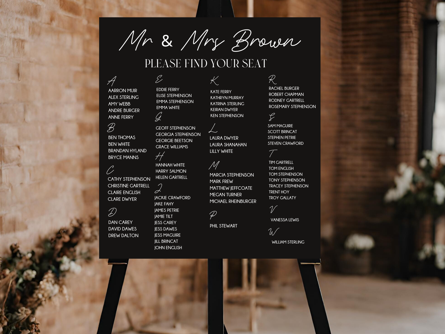 Wedding Seating Chart Front side  black  rectangle a1