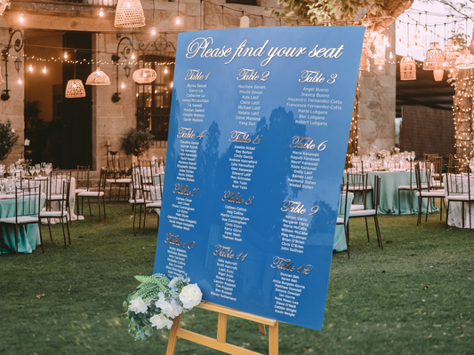 Navy Blue and rose gold mirror wedding seating chart front